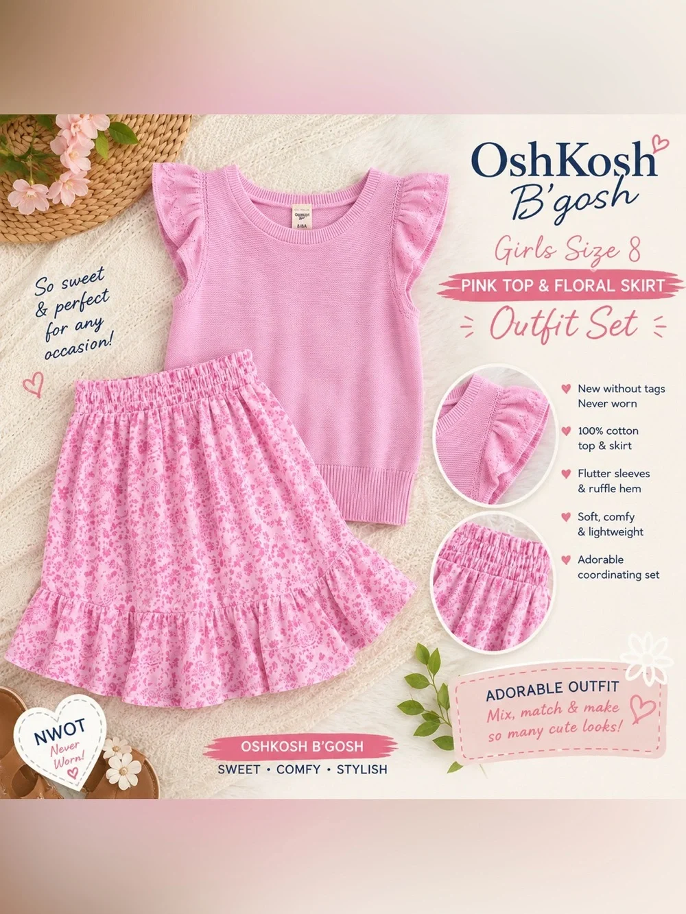 OshKosh B’gosh Girls Size 8 Pink Top & Floral Ruffle Skirt Outfit NWOT